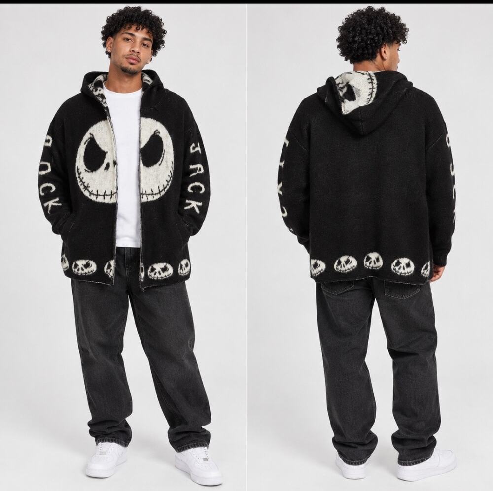 Vintage YARI Artesanias XL Jack Skellington Skull Wool Knit Hoodie Ecuador